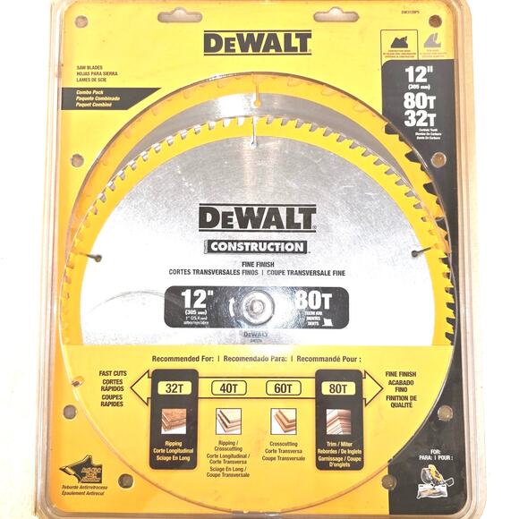 DeWalt Combo Pack 12" Saw Blades 80T & 32T Carbide Teeth Anti-Kickback Shoulder - Picture 1 of 5